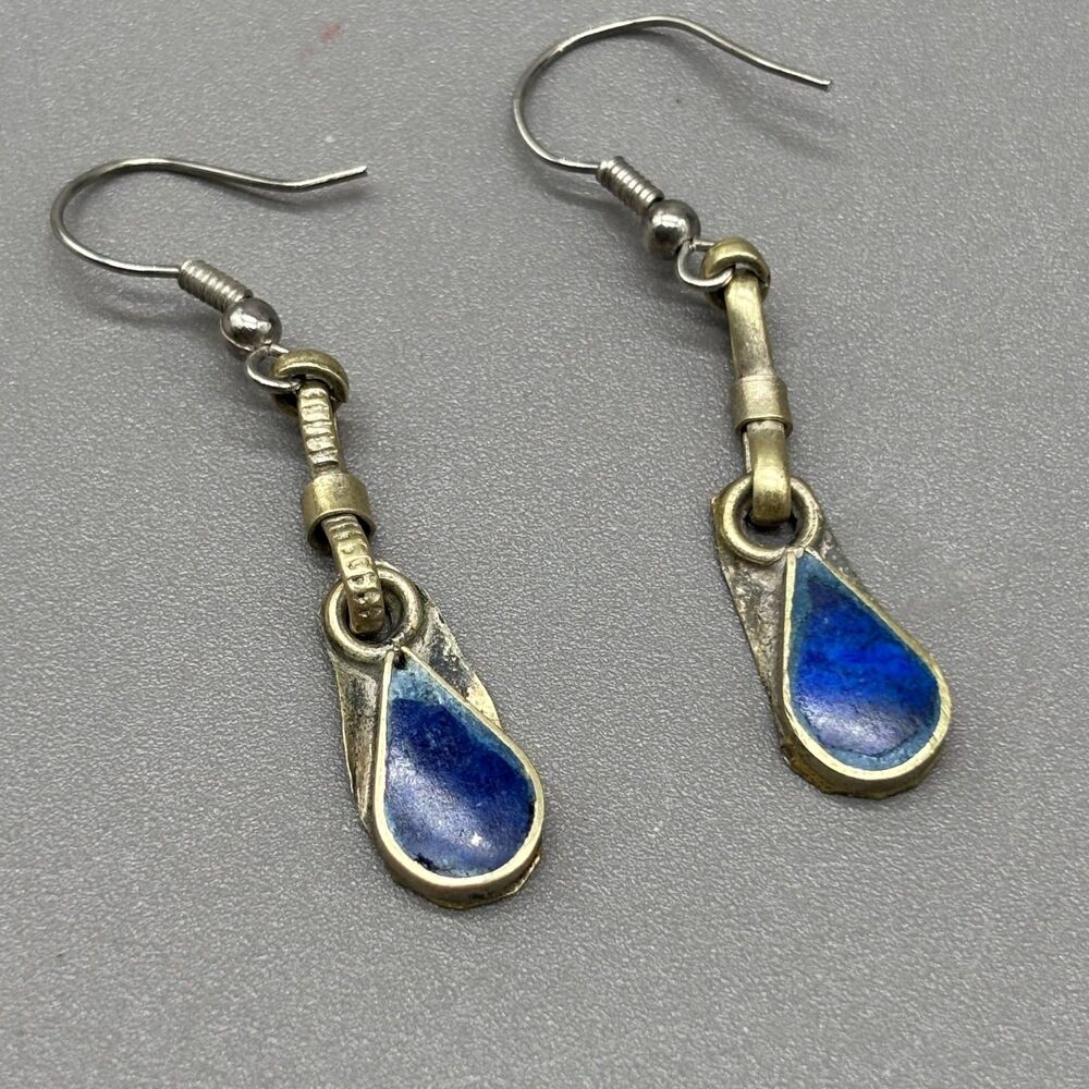 Vintage Afghan Turkmen Tribal Lapis Lazuli Earrings Handmade Alpaka Brass Dangle
